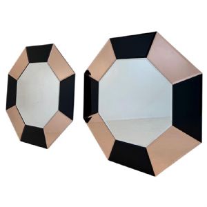 Coppia di Specchi Ottagonali Italiani con Cornice Geometrica Nero e Rosa in stile Art Deco 